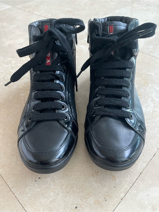 Other - Prada Black Leather High Top Sneakers Red Logo Tab